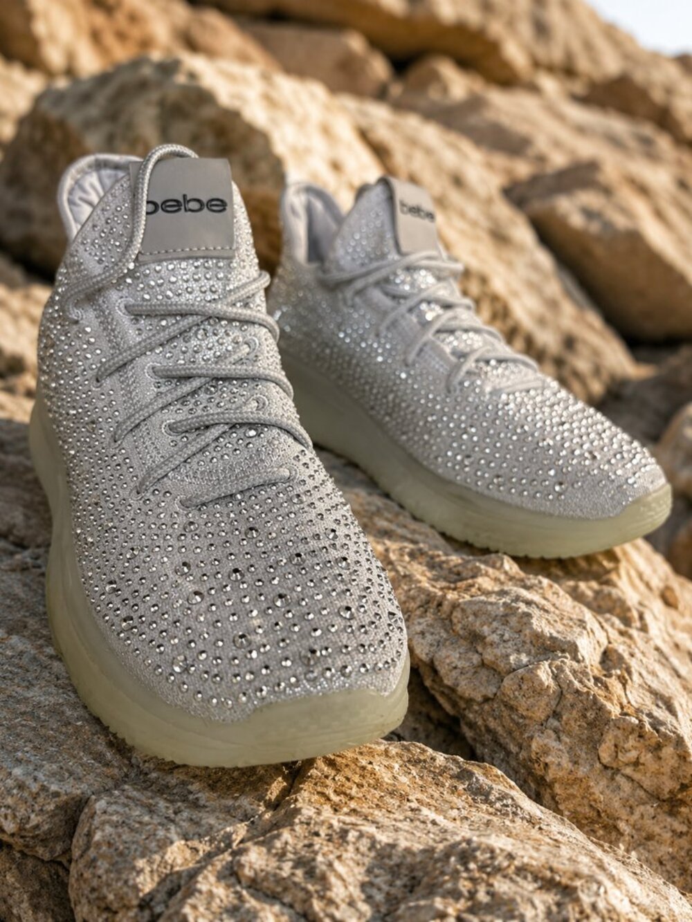 Bebe Silver Rhinestone Crystal Lace-Up Sneakers Sparkle Platform Shoes